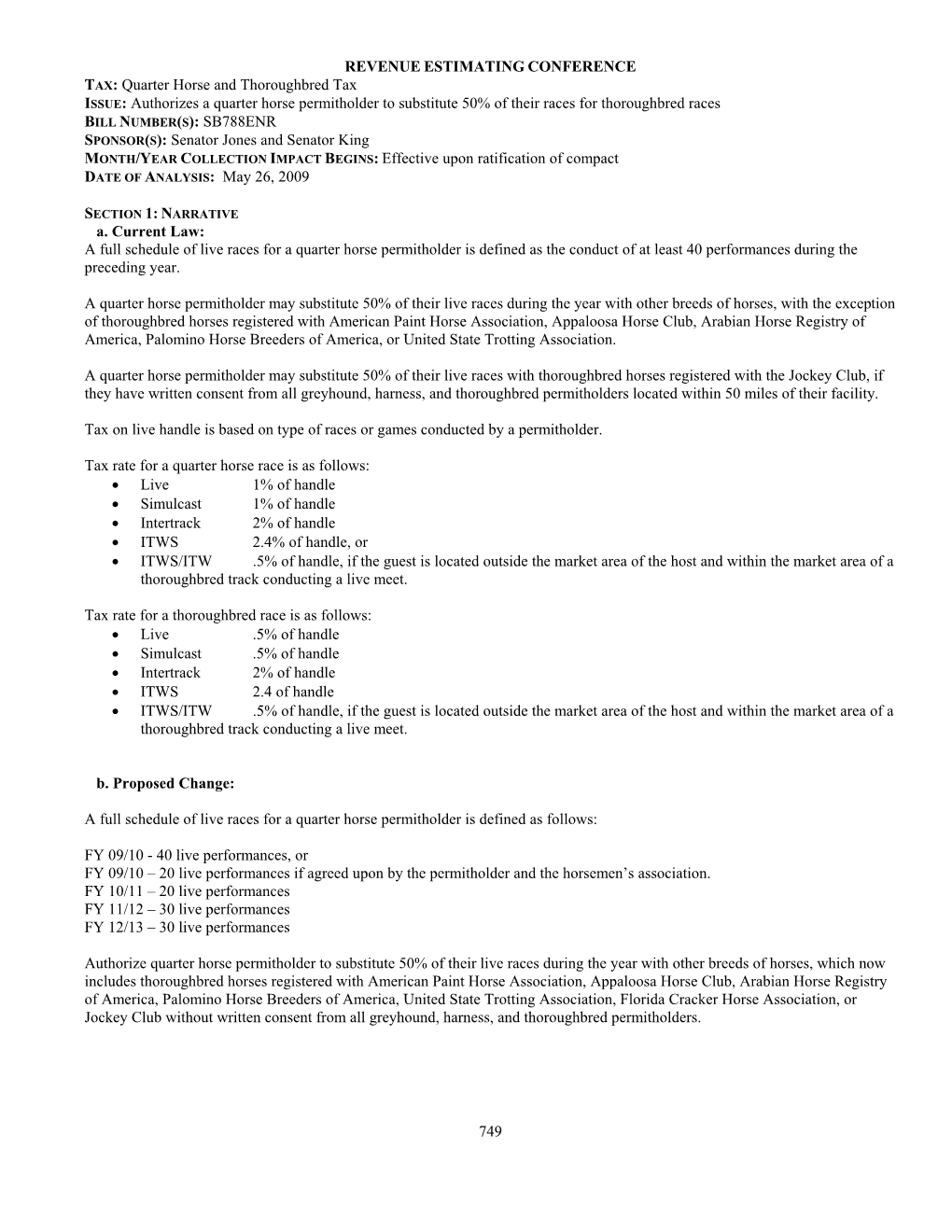 REVENUE ESTIMATING CONFERENCE TAX: Quarter Horse and Thoroughbred Tax ISSUE: Authorizes a Quarter Horse Permitholder to Substitu