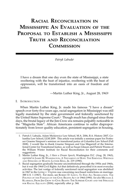 Racial Reconciliation in Mississippi: an Evaluation of the Proposal to Establish a Mississippi Truth and Reconciliation Commission