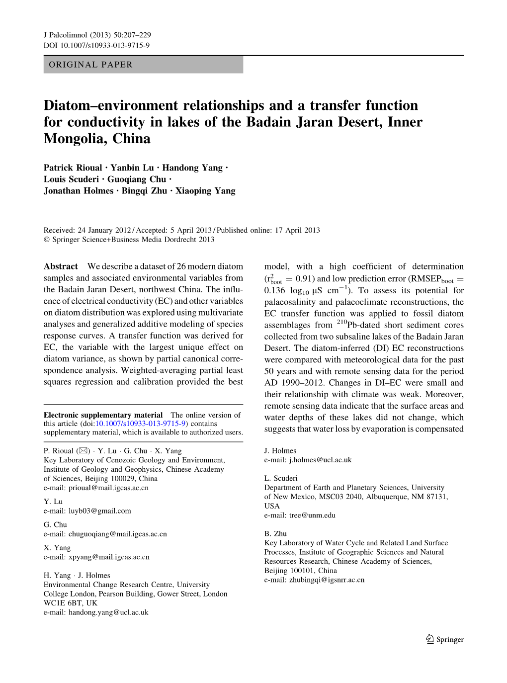 Diatom–Environment Relationships and a Transfer Function for Conductivity in Lakes of the Badain Jaran Desert, Inner Mongolia, China