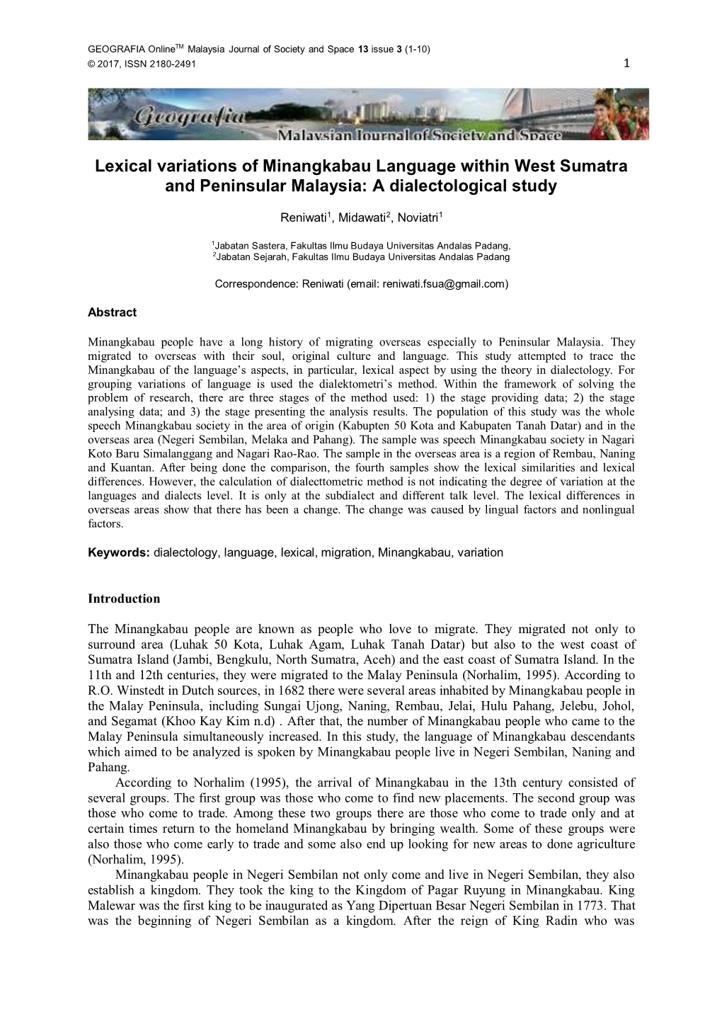 Lexical Variations of Minangkabau Language Within West Sumatra and Peninsular Malaysia: a Dialectological Study