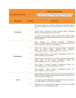 I NEZAHUALCOYOTL OFICINA REGIONAL Municipio Oficialía