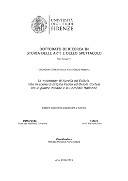 Dottorato Di Ricerca in Storia Delle Arti E Dello Spettacolo