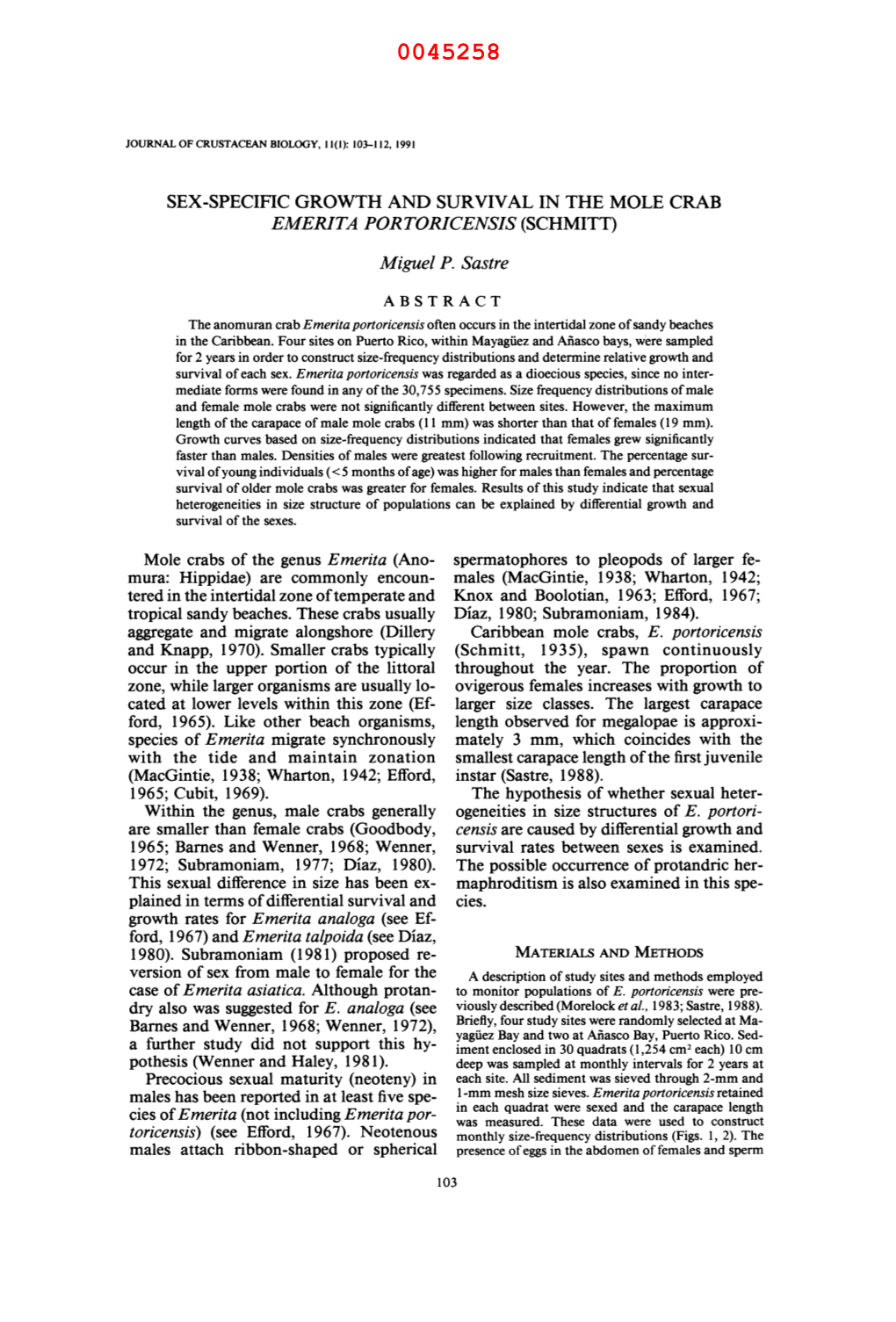 Sex-Specific Growth and Survival in the Mole Crab Emerita Portoricensis (Schmitt)