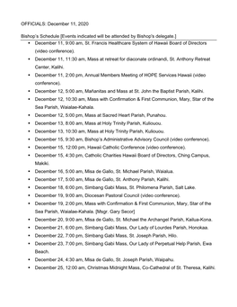 OFFICIALS: December 11, 2020 Bishop's Schedule [Events