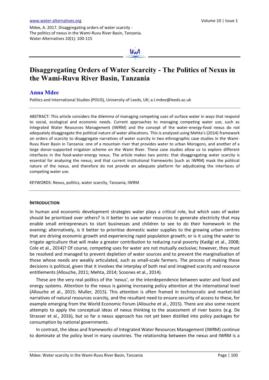 The Politics of Nexus in the Wami-Ruvu River Basin, Tanzania