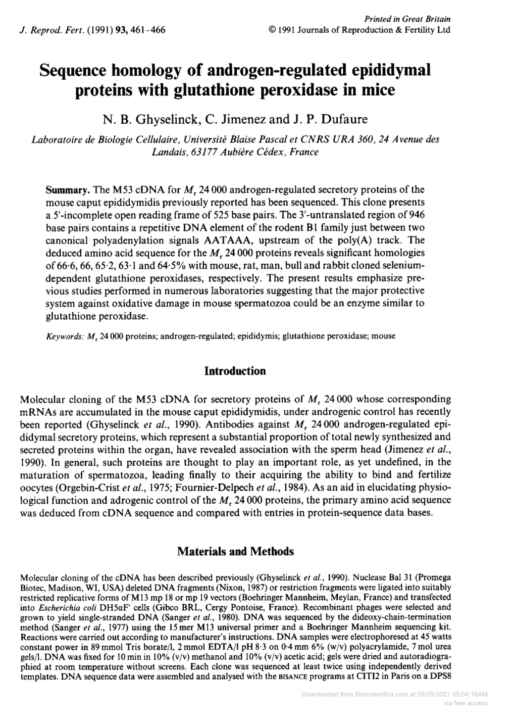 Sequence Homology of Androgen-Regulated Epididymal Proteins with Glutathione Peroxidase in Mice N