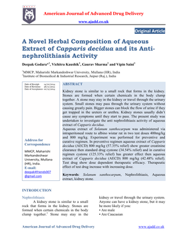 A Novel Herbal Composition of Aqueous Extract of Capparis