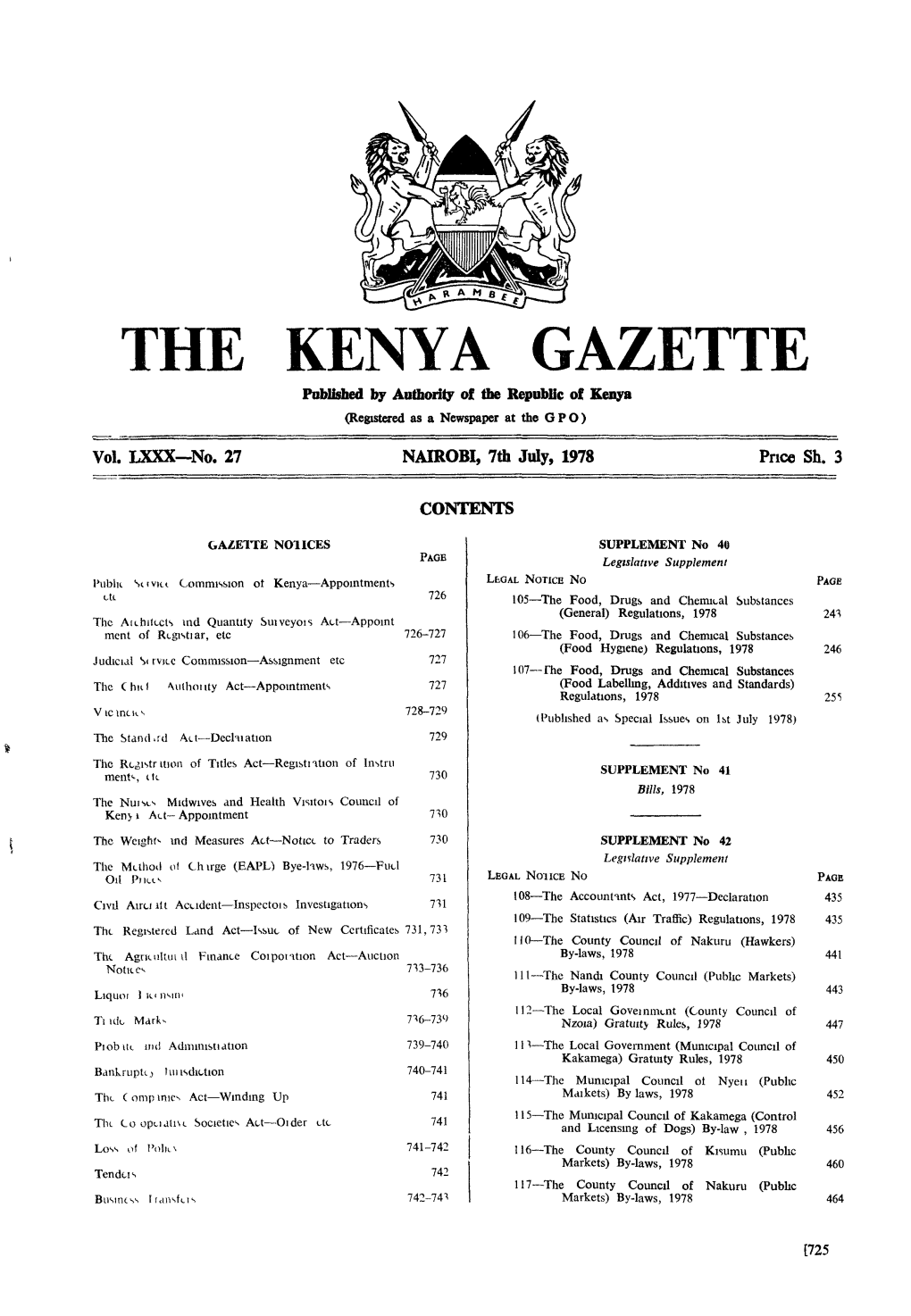 THE KENYA GAZETTE Poblished by Anthoriq of the Republic of Kenya (Regstered As a Newspaper at the G P 0 )