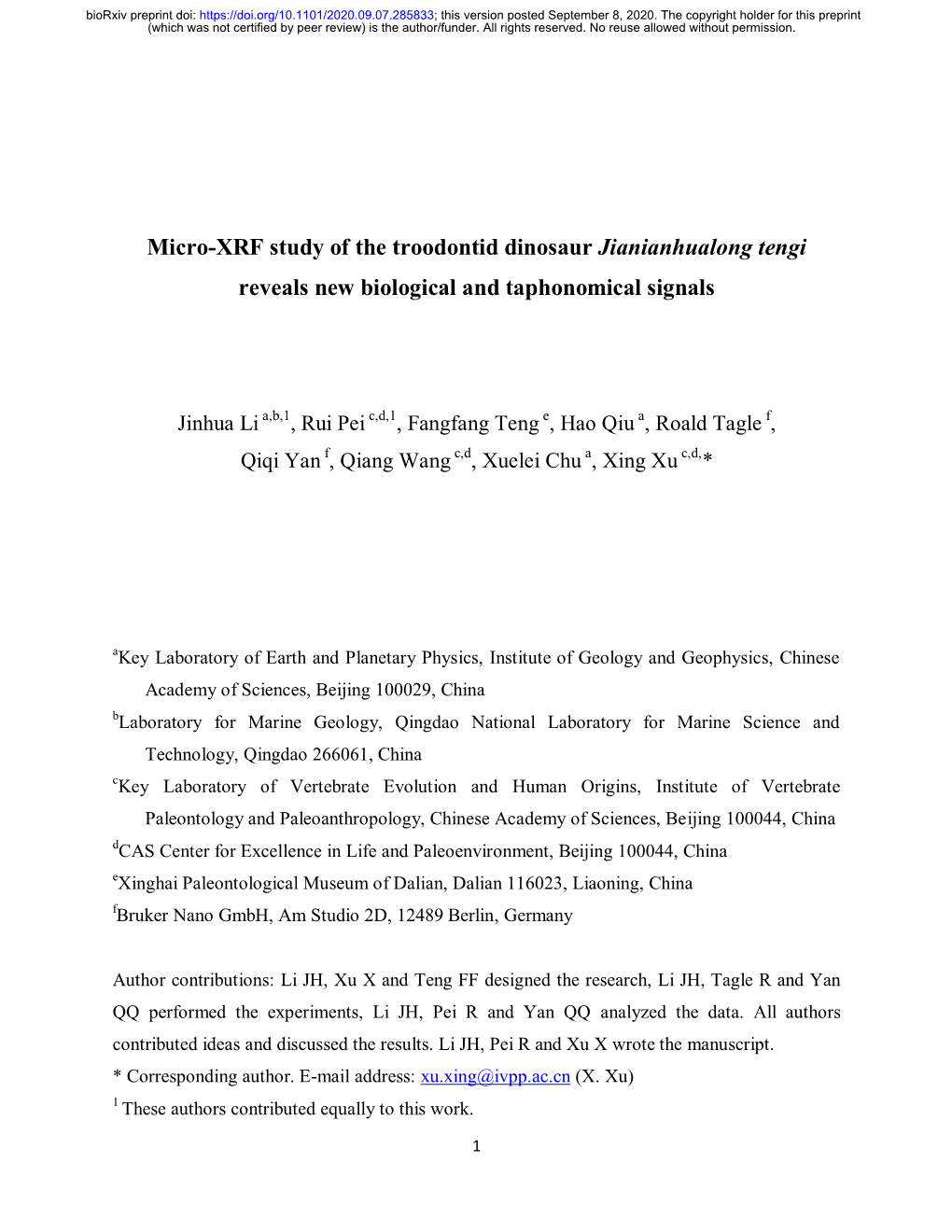 Micro-XRF Study of the Troodontid Dinosaur Jianianhualong Tengi Reveals New Biological and Taphonomical Signals