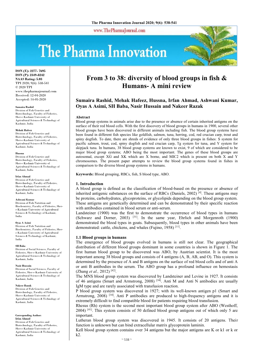 Diversity of Blood Groups in Fish & Humans