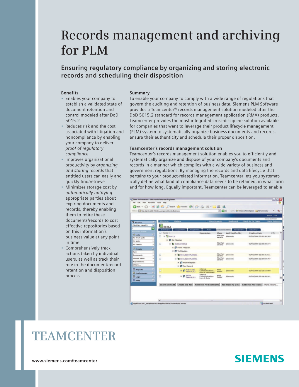 Teamcenter Records Management and Archiving for PLM Fact Sheet