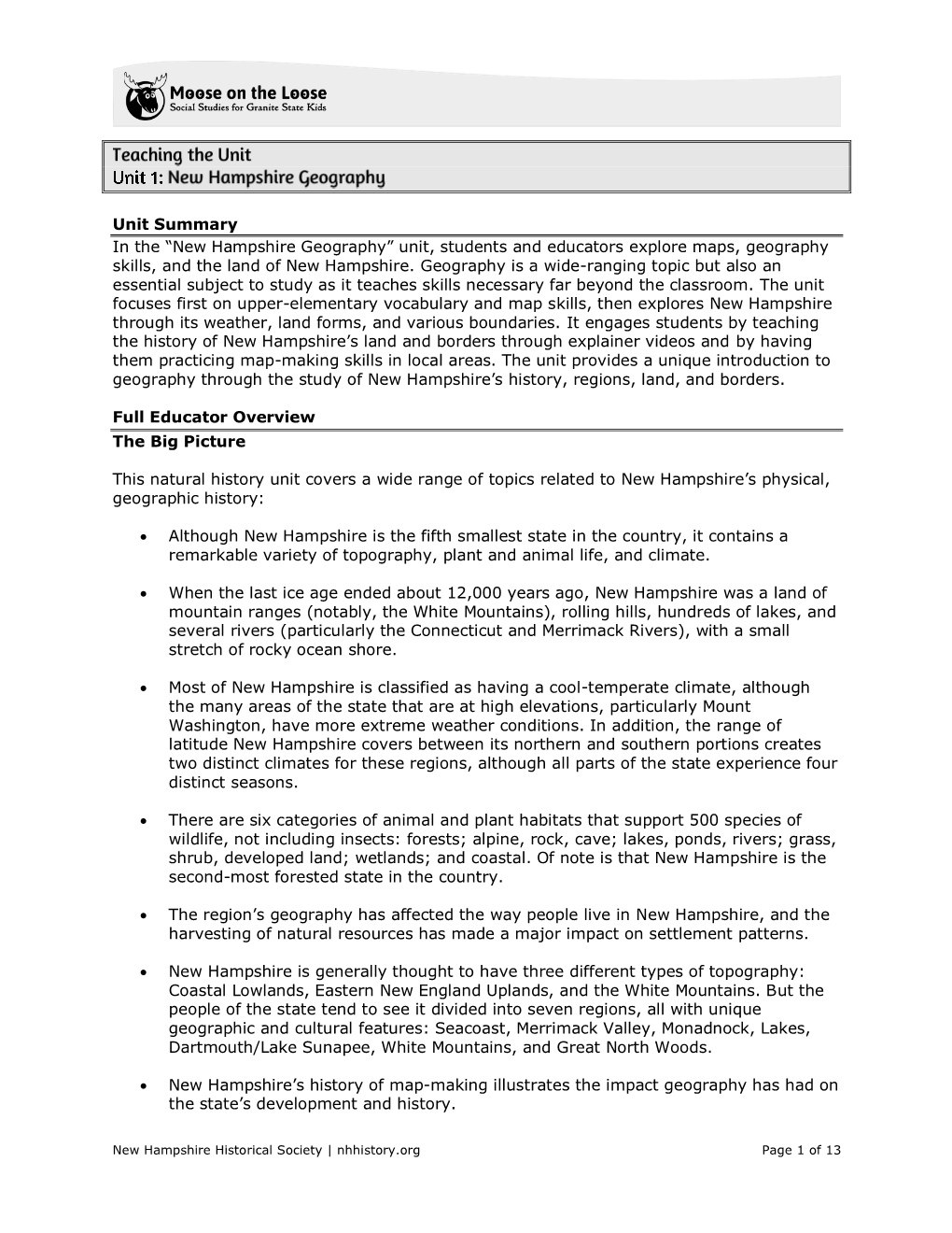 New Hampshire Geography” Unit, Students and Educators Explore Maps, Geography Skills, and the Land of New Hampshire