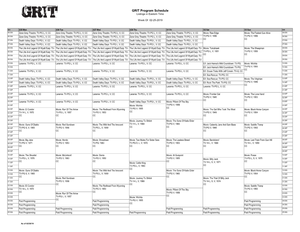 GRIT Program Schedule Listings in Eastern Time