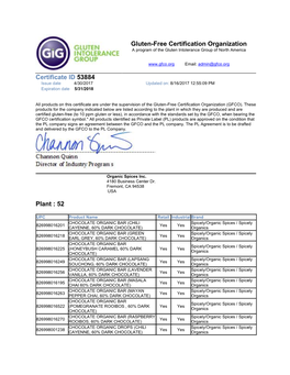 Gluten-Free Certification Organization Certificate