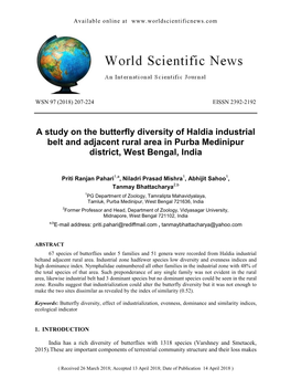 A Study on the Butterfly Diversity of Haldia Industrial Belt and Adjacent Rural Area in Purba Medinipur District, West Bengal, India
