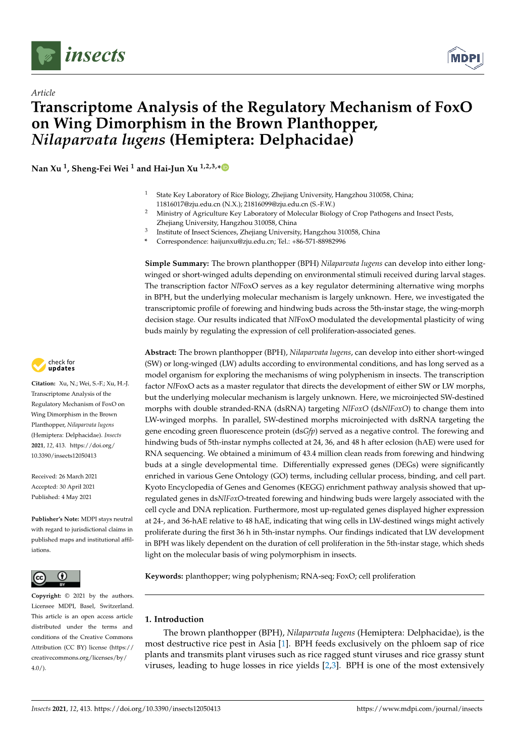 Transcriptome Analysis of the Regulatory Mechanism of Foxo on Wing Dimorphism in the Brown Planthopper, Nilaparvata Lugens (Hemiptera: Delphacidae)