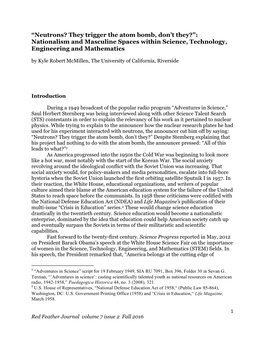 Nationalism and Masculine Spaces Within Science, Technology, Engineering and Mathematics by Kyle Robert Mcmillen, the University of California, Riverside