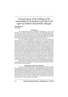 Cultural Aspects of the Challenges of the Sustainability of the Medium�Sized Cities in the Region of Southern Transdanubia, Hungary Eszter Barakonyi Ivan Zadori