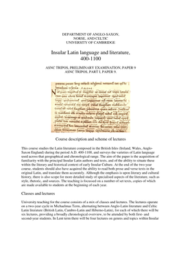 Insular Latin Language and Literature, 400-1100