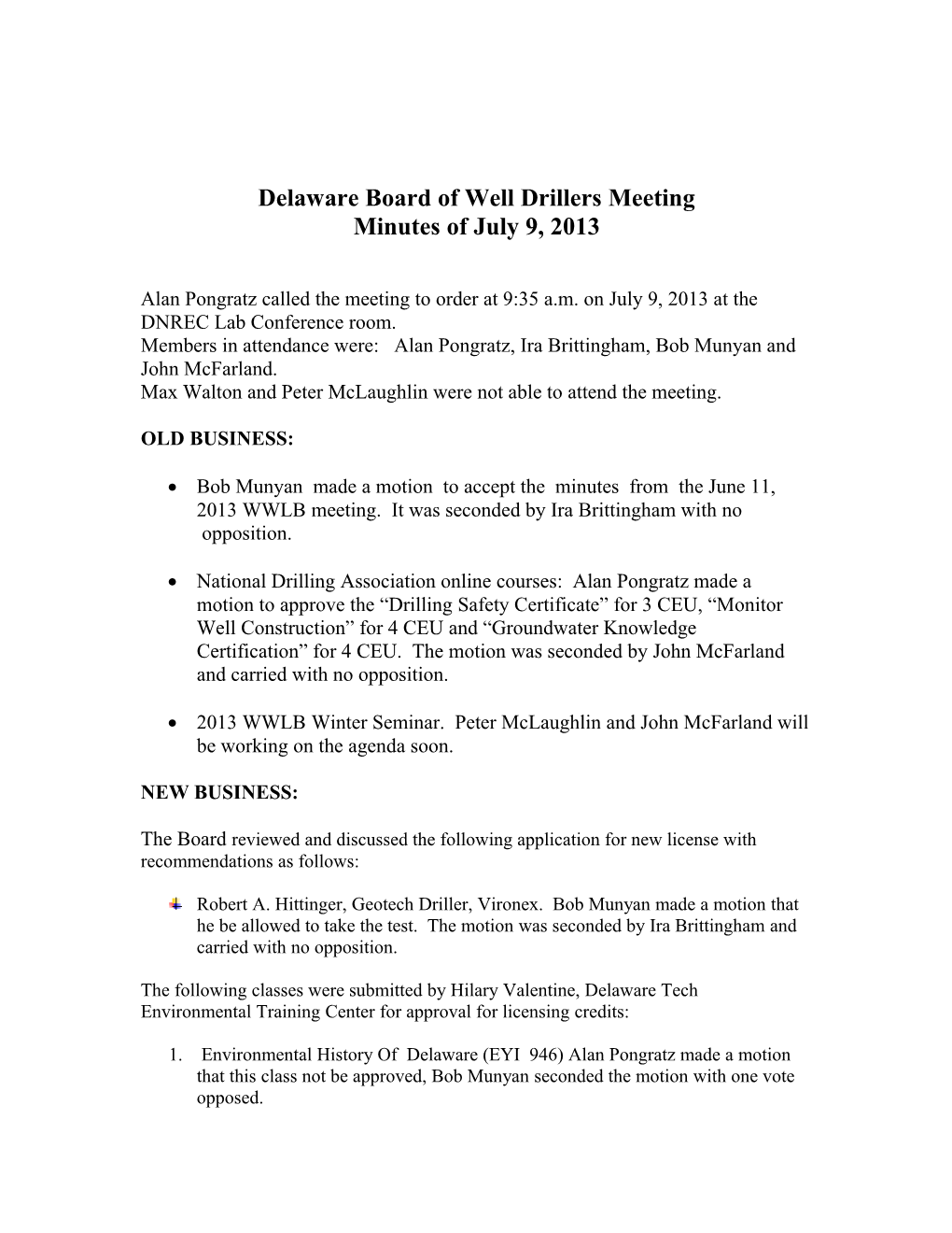 Delaware Board of Well Drillers Meeting