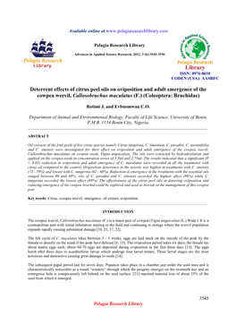 Deterrent Effects of Citrus Peel Oils on Oviposition and Adult Emergence of the Cowpea Weevil, Callosobruchus Maculatus (F.) (Coleoptera: Bruchidae)