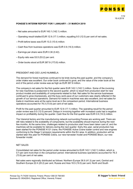 PONSSE's INTERIM REPORT for 1 JANUARY – 31 MARCH 2019 – Net Sales Amounted to EUR 143.1 (142.1) Million. – Operating