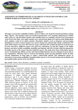 Assessment of Timber Species Availability in Selected Sawmills and Timber Markets in Kogi State, Nigeria