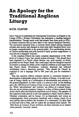 An Apology for the Traditional .Anglican Liturgy