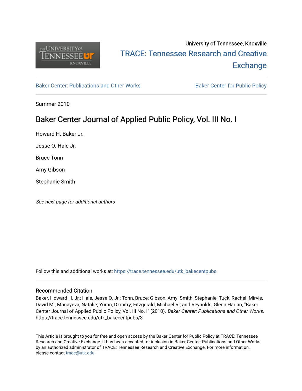 Baker Center Journal of Applied Public Policy, Vol. III No. I