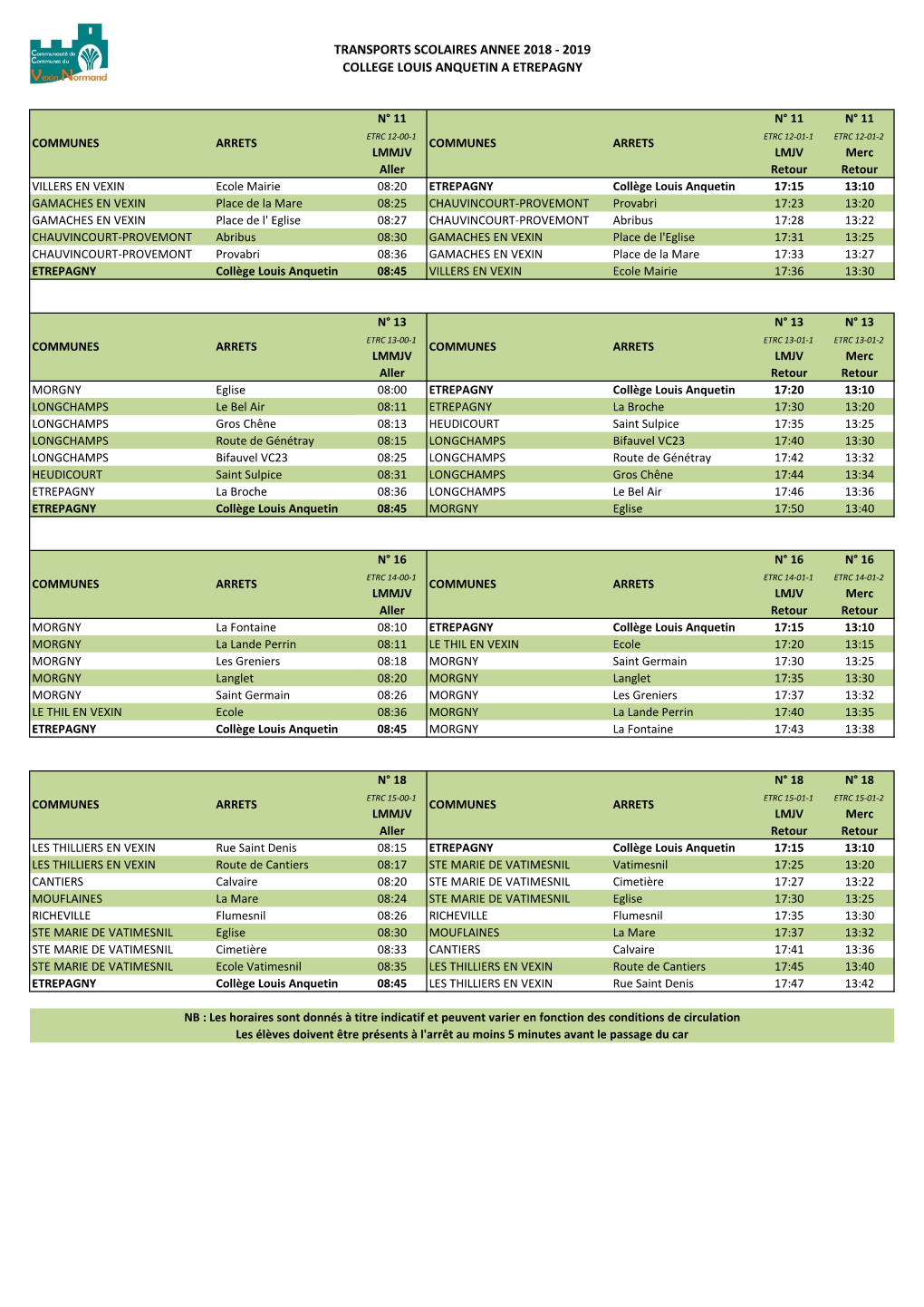 Transports Scolaires Annee 2018 - 2019 College Louis Anquetin a Etrepagny