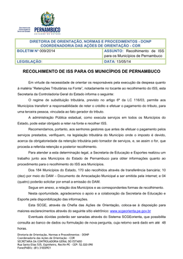 Recolhimento De ISS Para Os Municípios De Pernambuco LEGISLAÇÃO: DATA: 13/05/14