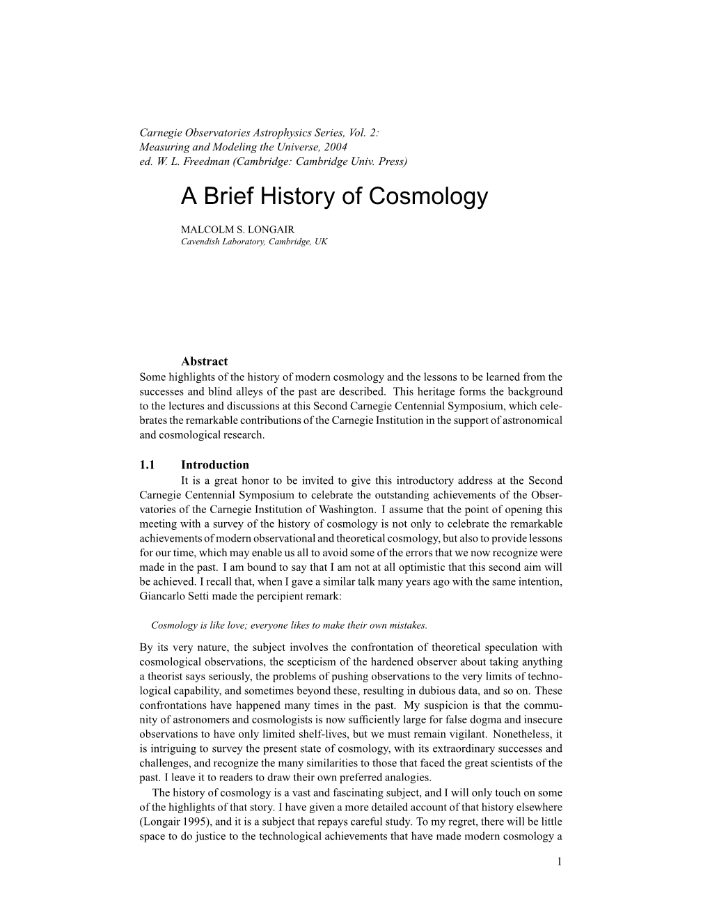 A Brief History of Cosmology