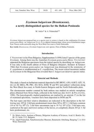 Erysimum Bulgaricum (Brassicaceae), a Newly Distinguished Species for the Balkan Peninsula