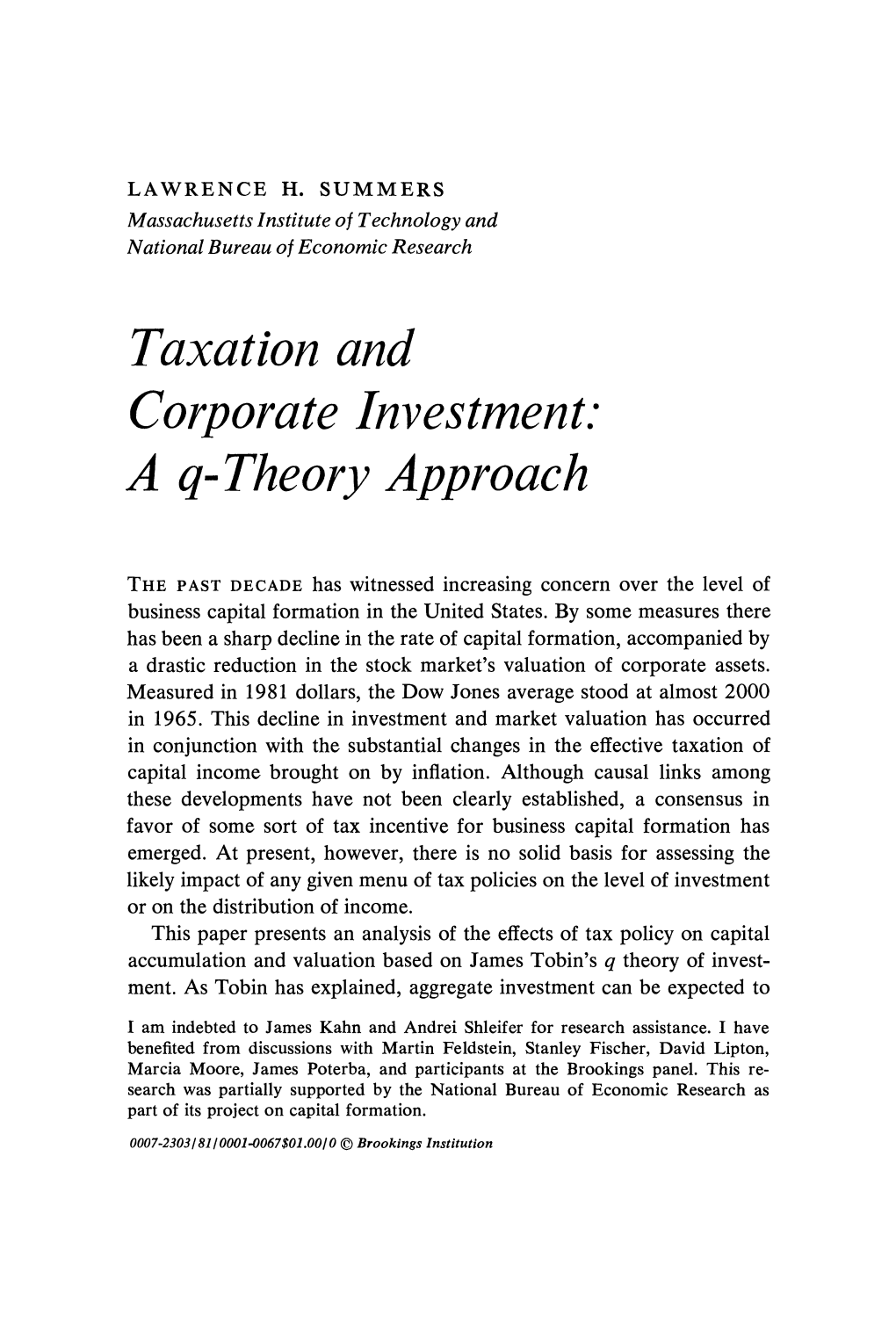 Taxation and Corporate Investment: a Q-Theory Approach