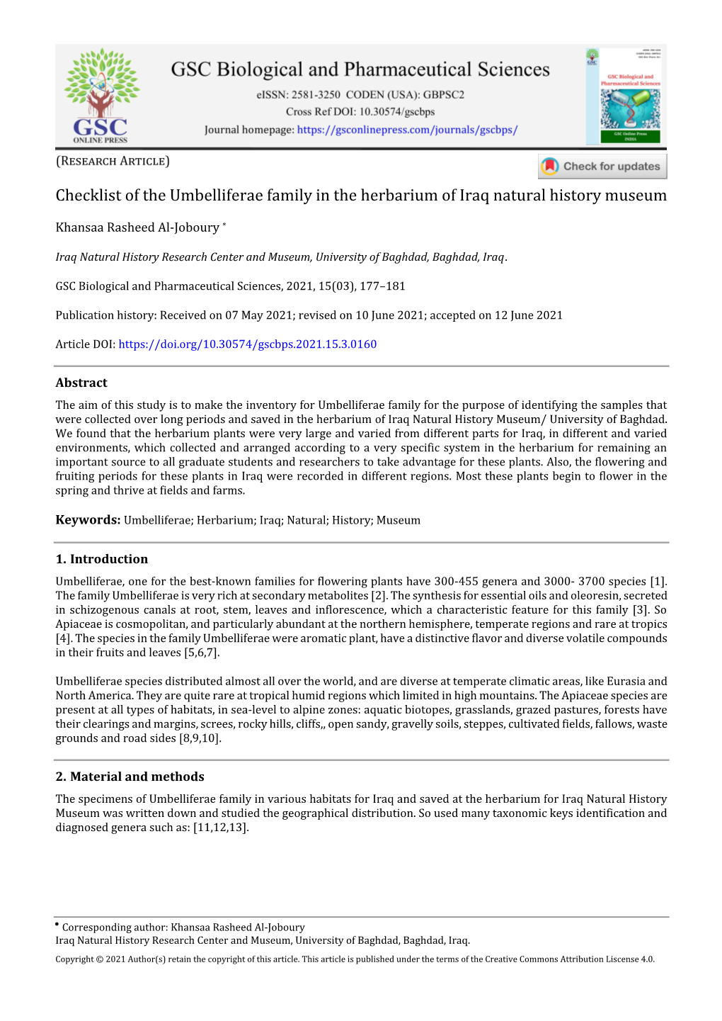 Checklist of the Umbelliferae Family in the Herbarium of Iraq Natural History Museum