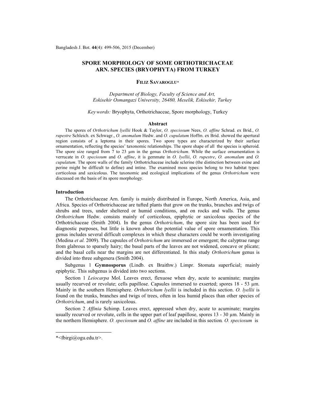 Spore Morphology of Some Orthotrichaceae Arn. Species (Bryophyta) from Turkey