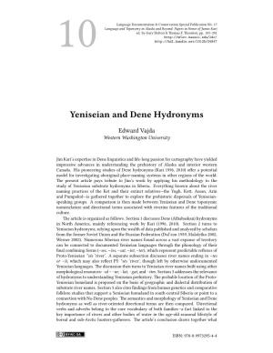 Yeniseian and Dene Hydronyms