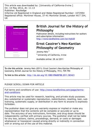 Ernst Cassirer's Neo-Kantian Philosophy of Geometry Jeremy Heis a a University of California, Irvine Available Online: 28 Jul 2011