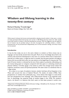 Wisdom and Lifelong Learning in the Twenty-First Century