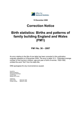 Birth Statistics: Births and Patterns of Family Building England and Wales (FM1)