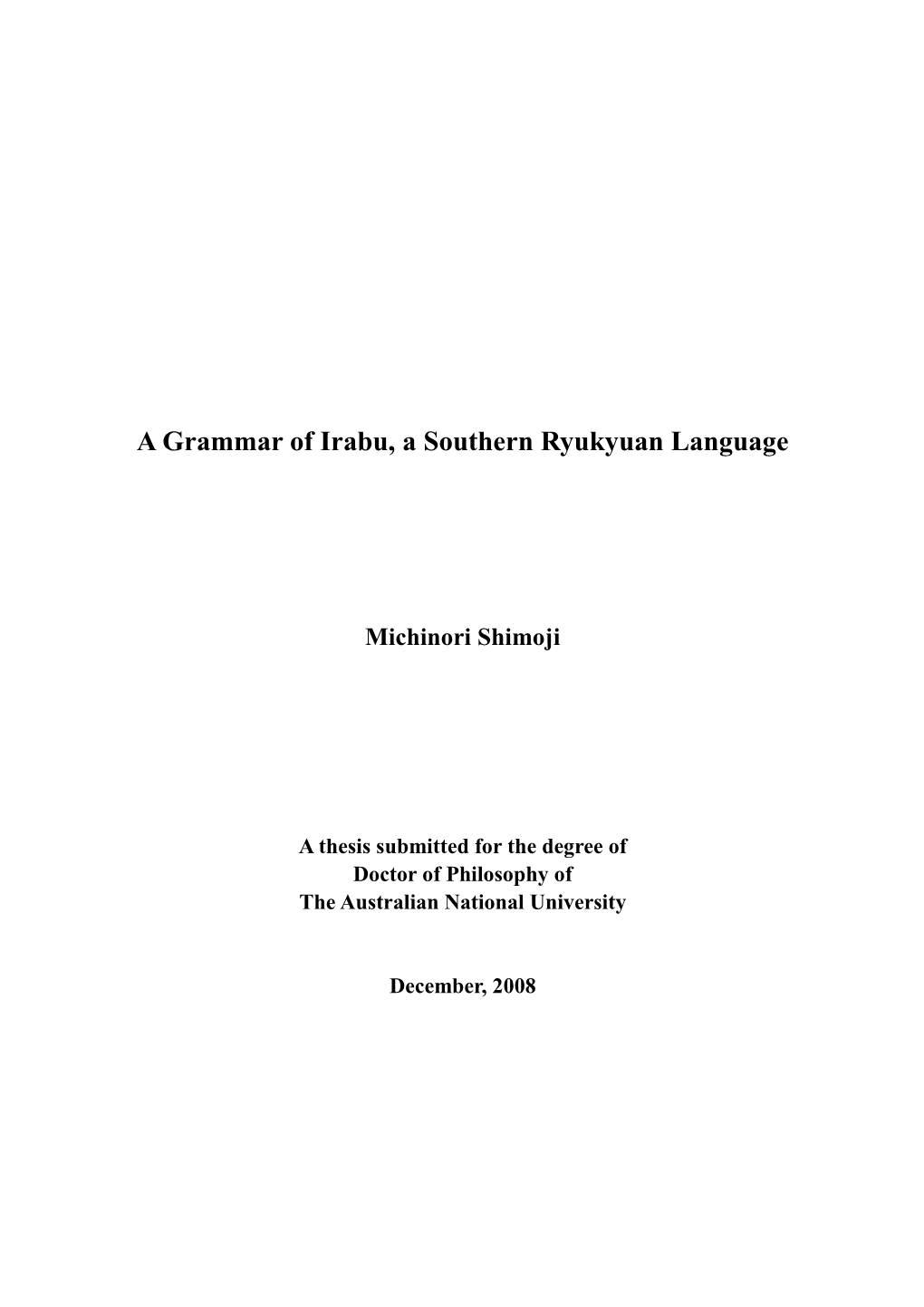 A Grammar of Irabu, a Southern Ryukyuan Language