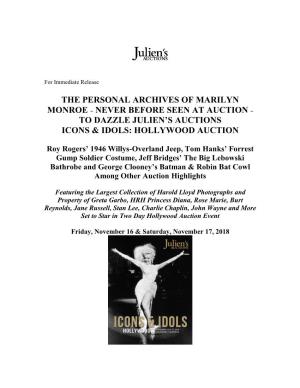 The Personal Archives of Marilyn Monroe – Never Before Seen at Auction – to Dazzle Julien’S Auctions Icons & Idols: Hollywood Auction