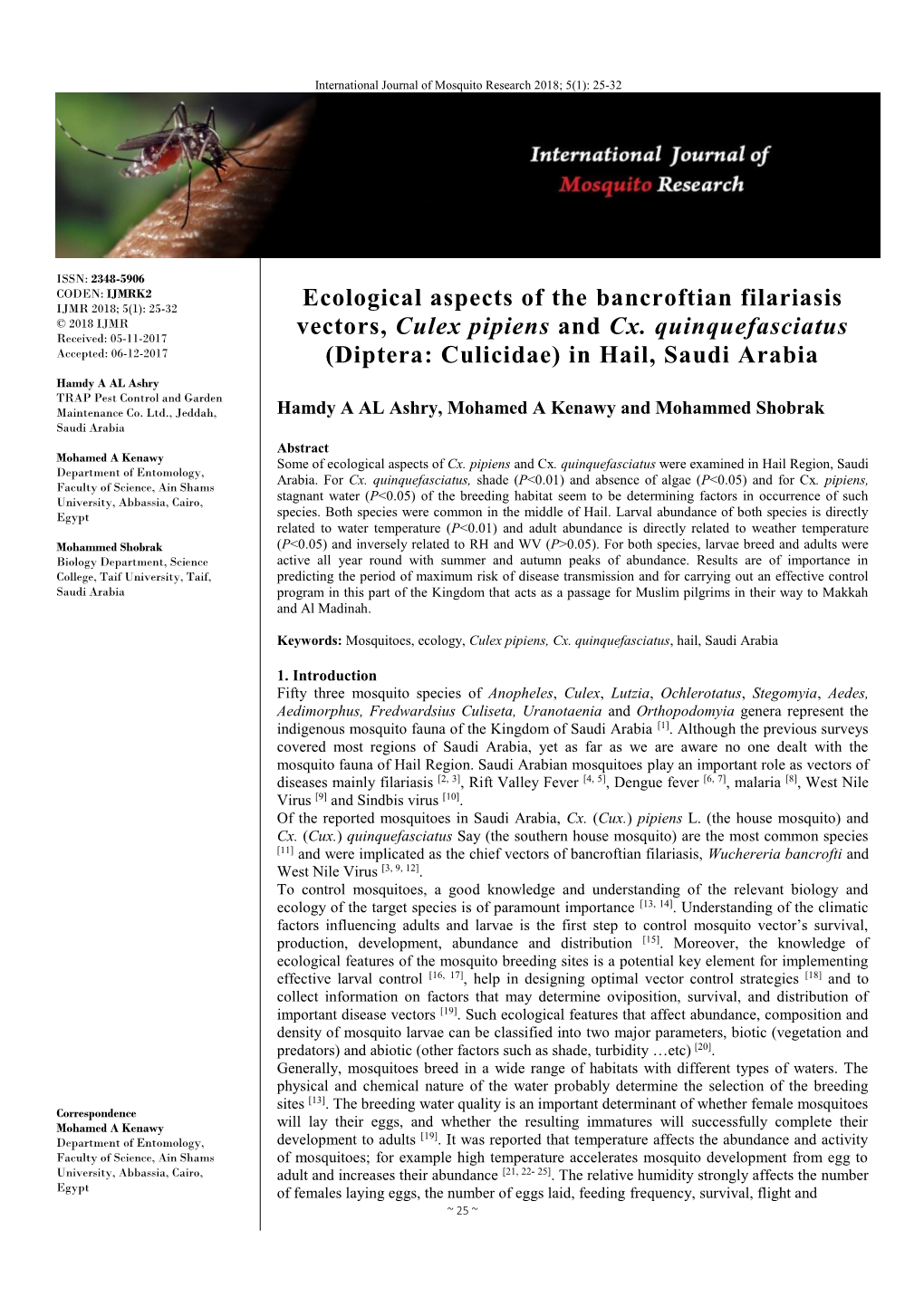 Ecological Aspects of the Bancroftian Filariasis Vectors, Culex Pipiens and Cx. Quinquefasciatus (Diptera: Culicidae) in Hail, S