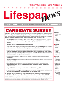 CANDIDATE SURVEY Inside: LIFESPAN Sent the Following Ten-Question Survey to Each Candidate for U.S