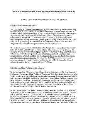 Written Evidence Submitted by East Turkistan Government in Exile (XIN0078)