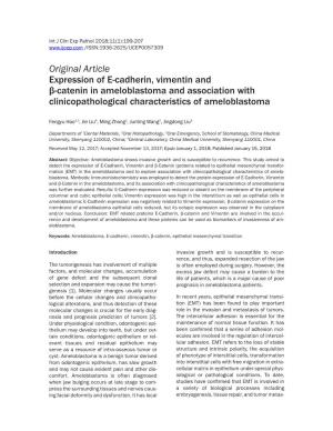 Original Article Expression of E-Cadherin, Vimentin and Β-Catenin in Ameloblastoma and Association with Clinicopathological Characteristics of Ameloblastoma