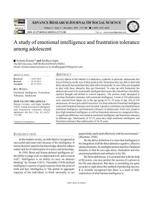 A Study of Emotional Intelligence and Frustration Tolerance Among Adolescent
