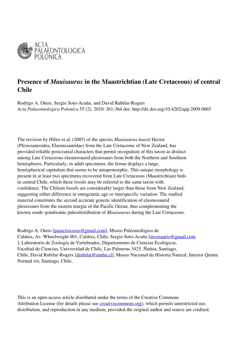 Presence of Mauisaurus in the Maastrichtian (Late Cretaceous) of Central Chile