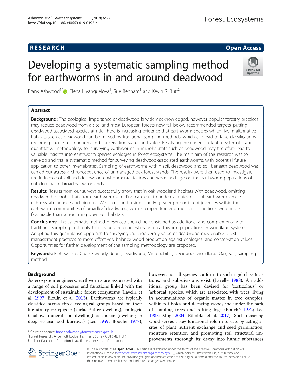 Developing a Systematic Sampling Method for Earthworms in and Around Deadwood Frank Ashwood1* , Elena I