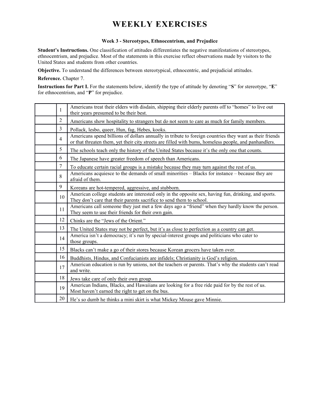 Week 3 - Stereotypes, Ethnocentrism, and Prejudice